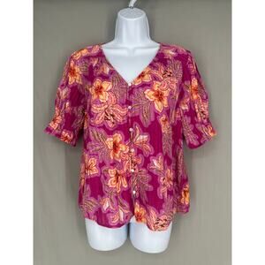 Loft Top Womens Small Pink Floral Flowy Boho Bohemian Cottage Button Colorful